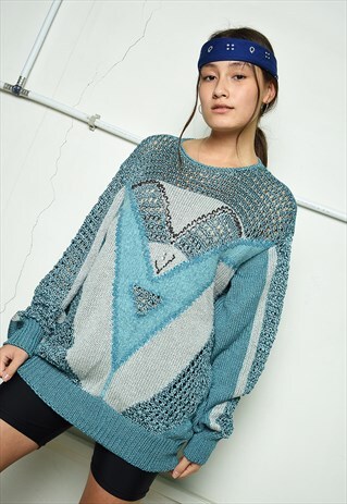 VINTAGE 80S RETRO SHIMMER BEADED GRAPHIC PATTERN KNIT JUMPER