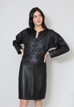 80s Ladies Vintage Dress Black Soft Leather Long Sleeve 