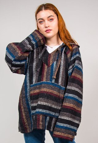 VINTAGE 90'S MULTICOLOUR STRIPED BAJA KNIT HOODIE