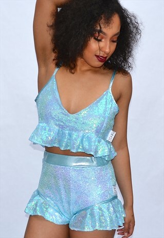 BABY BLUE SEQUIN FRILL CROP TOP