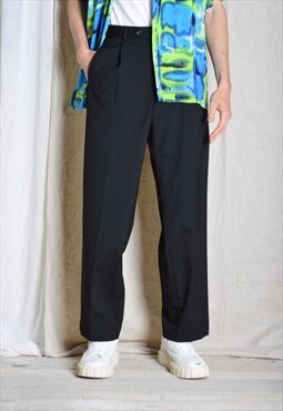 Vintage 90s Black Minimalist Wool Blend Pleated Formal Pants