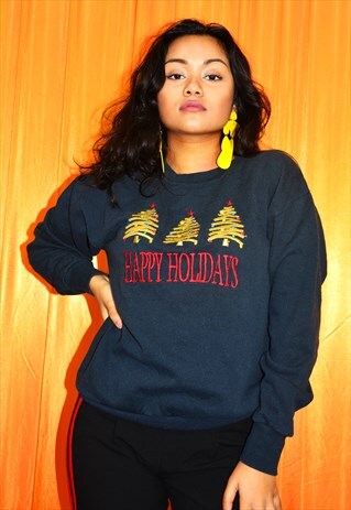 VINTAGE 90S CHRISTMAS SWEATSHIRT BLACK GOLD EMBROIDERED TREE