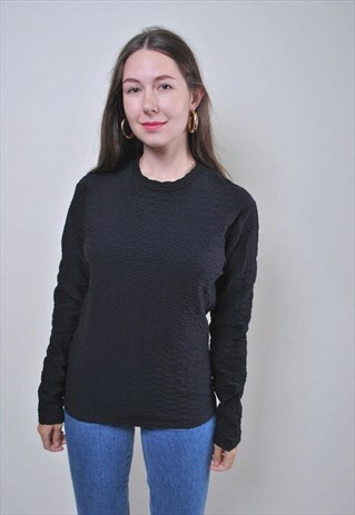 WOMEN VINTAGE MINIMALIST BLOUSE, BLACK PULLOVER SHIRT