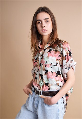 90'S RETRO BOHO FLORAL PRINT OVERSIZED MOM'S SHIRT TOP