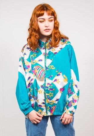90'S SEA BLUE FISH PRINT SHELL TRACKSUIT BOMBER JACKET