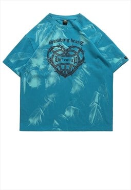 Tie-dye t-shirt barbered wire top heart print tee ocean blue