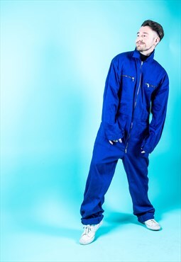 Vintage Workwear Boilersuit in Royal Blue with Gold Zips
