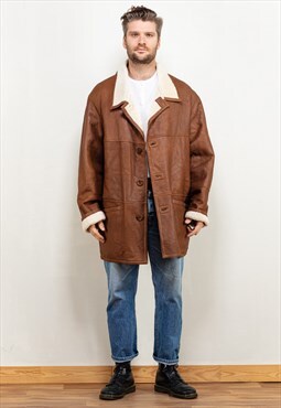 Vintage 80's Men Sheepskin Leather Coat in Brown