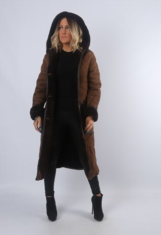 SHEEPSKIN SHEARLING SUEDE COAT JACKET HOODED UK 8 - 10 (FJ1P
