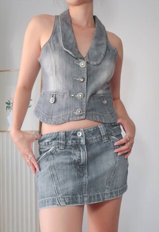 VINTAGE Y2K WASHED DENIM GILET VEST TOP