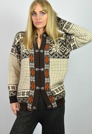 VINTAGE 70S CREAM BROWN RED NORDIC KNITTED PATTERN CARDIGAN