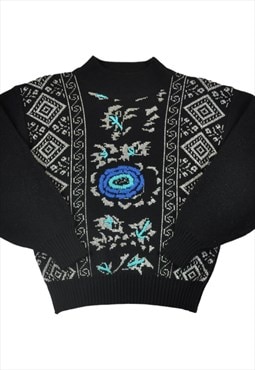 Vintage Knitwear Sweater Retro Pattern Black Ladies XS