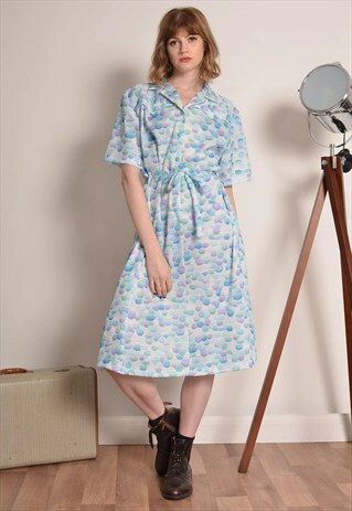 VINTAGE 80S BELTED SHIRT MIDI DRESS IN BLUE