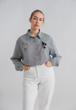 Vintage Oversized Long Sleeve Embroidered Shirt in Check M