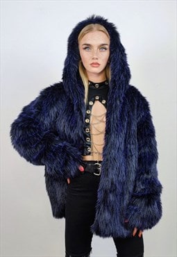 Hooded shaggy fauxfur coat luxury fuzzy luminous bomber blue