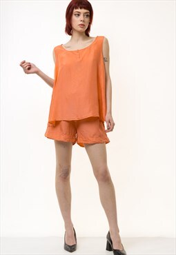 90s Vintage Woman Rare Orange Silky Short Suit 5234