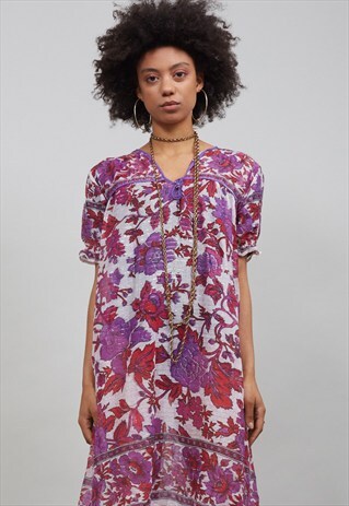 VIOLET AND RED 70'S FLORAL INDIAN BOHO DRESS