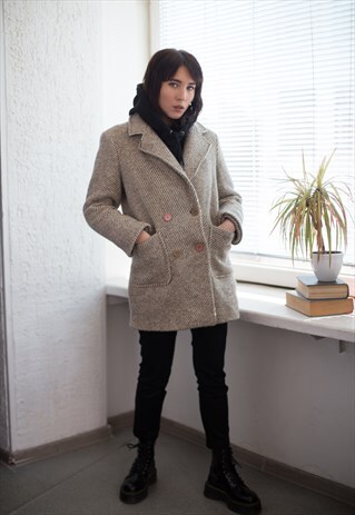 VINTAGE 70'S WOOL STRIPED DOUBLE BREASTED COAT IN GREY