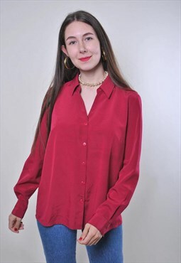 Women vintage red long sleeve casual blouse 