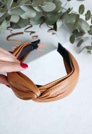 TAN FAUX LEATHER TOP KNOT ALICE HEAD BAND