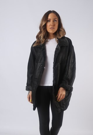 VINTAGE LEATHER SHEEPSKIN SHEARLING COAT UK 16 XL (B3H)
