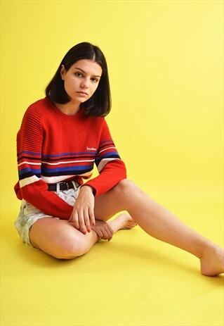 70'S RETRO STRIPED OVERSIZED RED KNIT JUMPER TOP