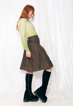 Vintage Skirt Y2K Tiered Fairycore Midi in Khaki