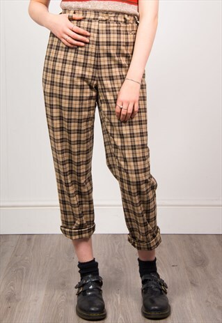 VINTAGE 90'S BROWN CHECK PATTERN HIGH WAIST TROUSERS