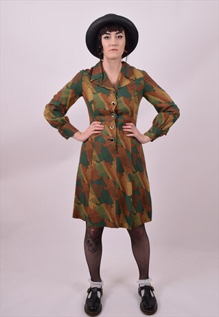 VINTAGE 60'S BROWN & GREEN CRAZY PRINT DRESS SIZE 8 TO 10
