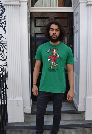 GREEN CARHARTT T SHIRT WITH LOGO AND CARTOON