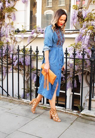 DENIM EMBROIDERED VELVET COLLAR MAXI SHIRT DRESS