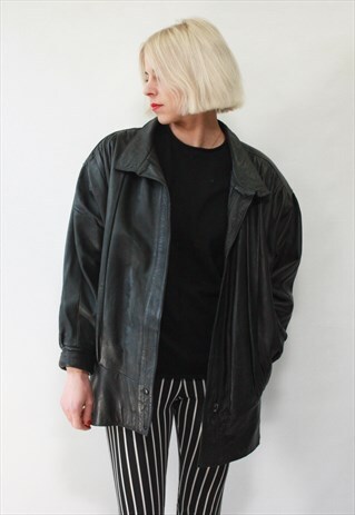 VINTAGE 80' AMAZING LONG CLASSIC BLACK LEATHER JACKET