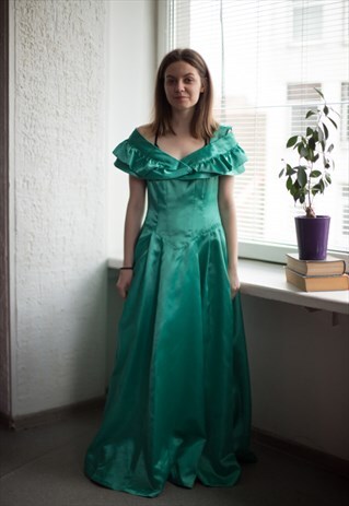 VINTAGE 80'S MAXI GREEN OFF SHOULDER DRESS