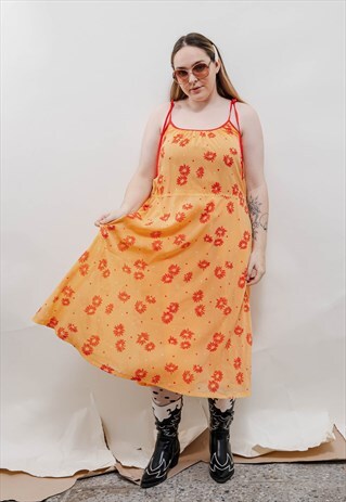 VINTAGE 90S GRUNGE STRAPY ORANGE FLORAL MAXI ORANGE DRESS