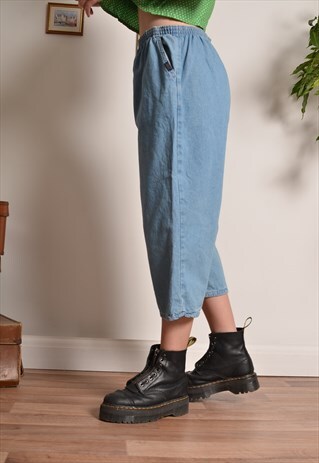 VINTAGE 90S ELASTICATED TROUSERS IN LIGHT BLUE DENIM