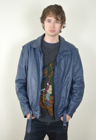 1980S VINTAGE BLUE GREY ZIPPED LEATHER JACKET