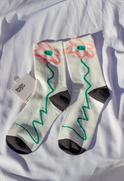 Pink Green Black Illustrated Floral Top Socks
