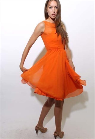 VINTAGE 1960'S 60'S BRIGHT ORANGE SILK CHIFFON DRESS XS-S