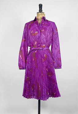 70's Vintage Ladies Long Sleeve Purple Pleated Dress