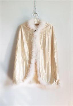 Vintage Satin and Feather Cape, White Fur Wedding Stole