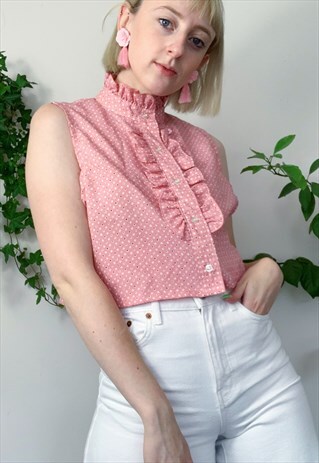 ADORABLE VINTAGE PINK RUFFLE NECK TOP