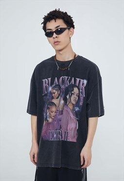 Pop star print t-shirt Y2K Rihanna tee retro top in black