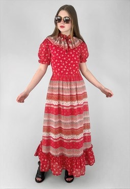 70's Vintage Red Short Sleeve Ruffle Prairie Maxi Dress