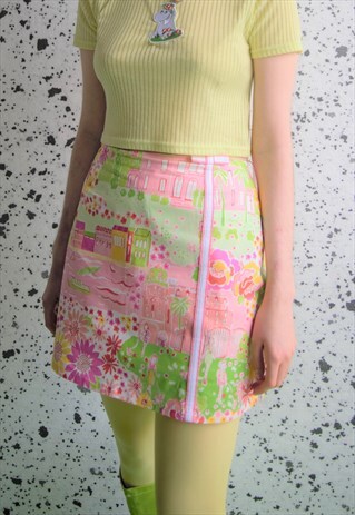 REWORKED VINTAGE PASTEL GREEN PINK CUTE RETRO MINI SKIRT
