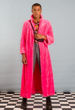 90S 00S VINTAGE UNISEX LONG FAUX FUR COAT IN NEON PINK
