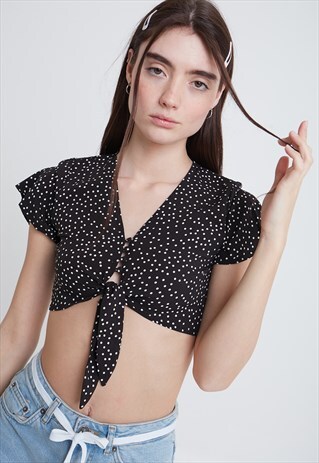 TIE-FRONT BUTTON UP BLOUSE - BLACK WITH POLKA DOTS