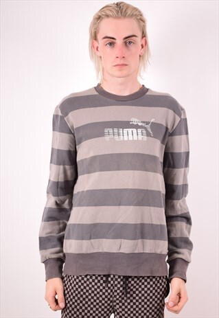 PUMA MENS VINTAGE SWEATSHIRT JUMPER LARGE GREY STRIPES 90S