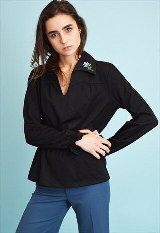 LOVELY 70'S RETRO BOHO BLACK BLOUSE TOP