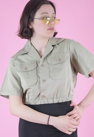 VINTAGE REWORKED ARMY SHIRT IN BEIGE CREAM SHORT SLEEVED