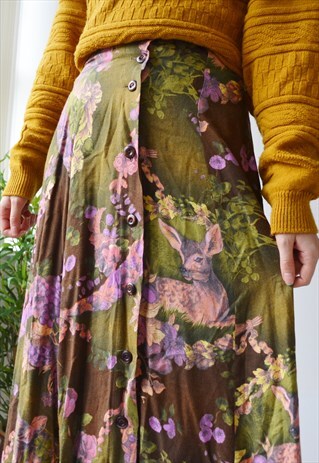 VINTAGE ANIMAL FLORAL PRINT MAXI SKIRT